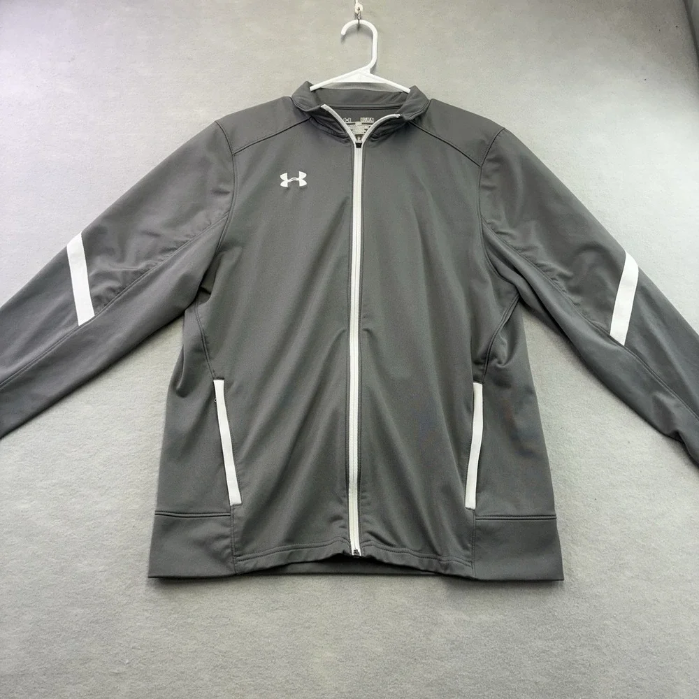 UNDER ARMOUR Gray Warm Up Jacket Medium Mens M Zip Up White Stripe
